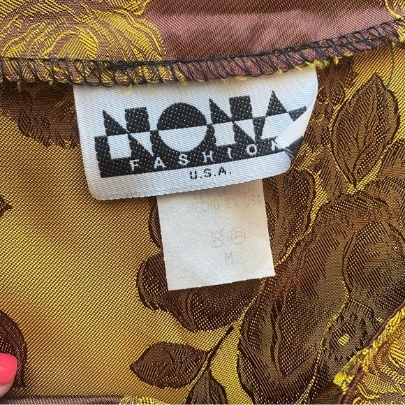 Vintage NONA Fashion USA Shimmer Gold Floral 2 Piece Jkt Ruffles Midi SZ M - Picture 9 of 10